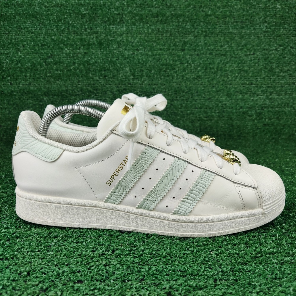 Adidas Sneakers Womens 9.5 White‎ Superstar HQ6963 Mint Green Gold Lace Jewels